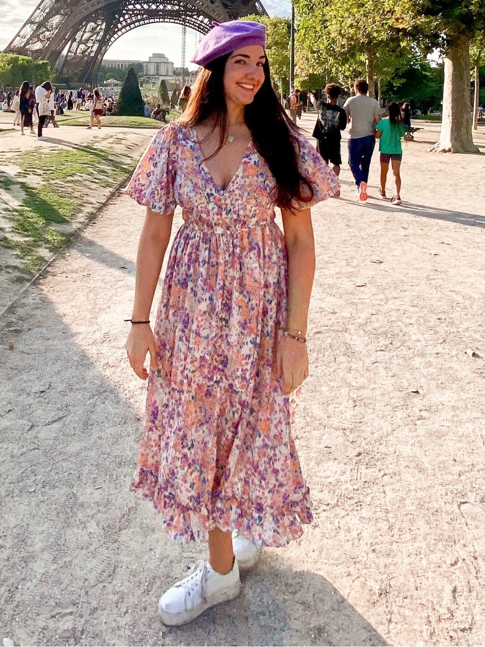 Pinch Purple and Pink Floral Midi Dress with V-Neck